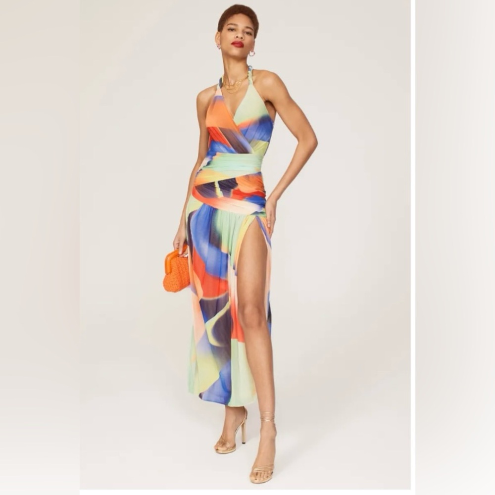 NICHOLAS Multicolor Halter Wrap Maxi Dress with High Slit